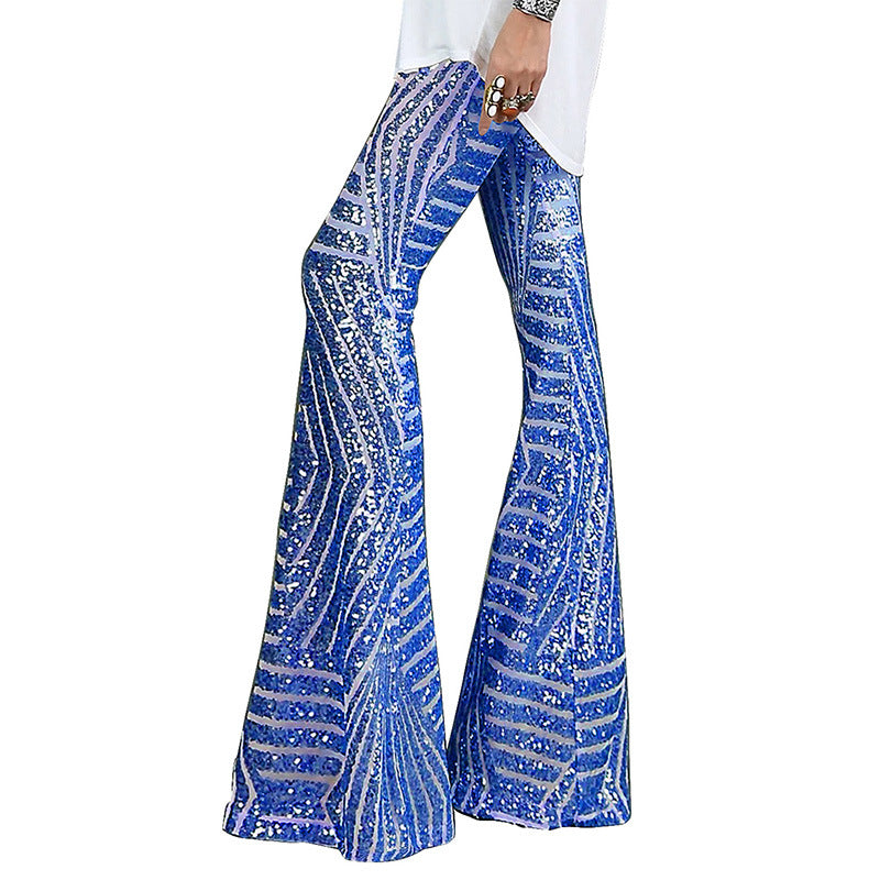 Women's Sequin Flared Pants Glitter High Waist Wide Leg Pants