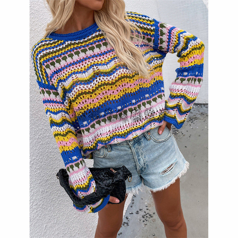 Women's Sweater Striped Panel Rainbow Cutout Loose Knit Pullover Top