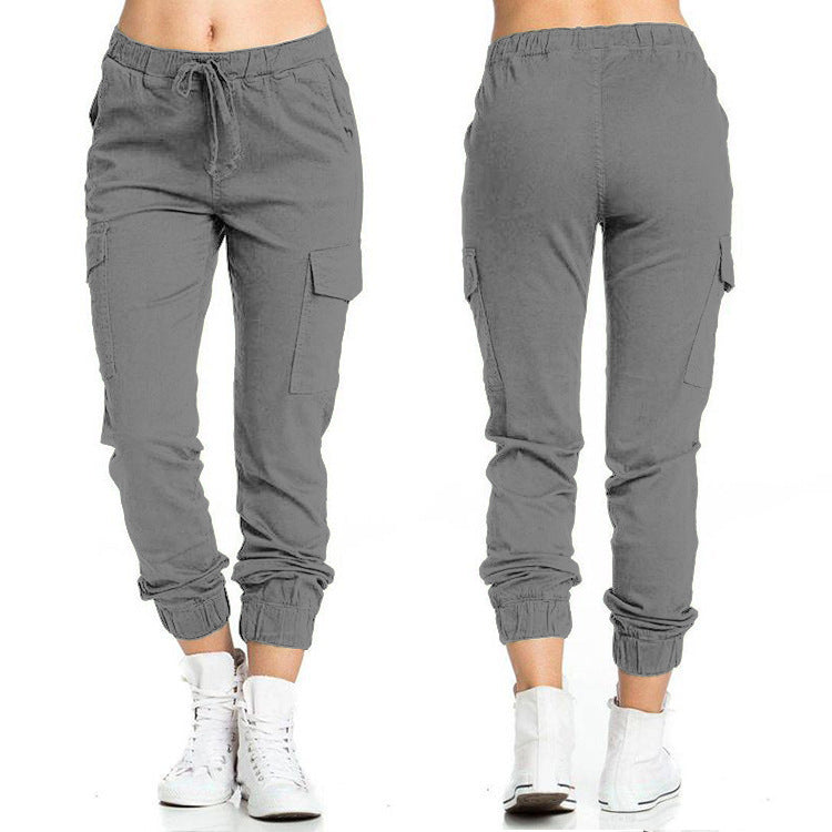 Woman Tooling Casual Elastic Waist String Side Pocket Trousers