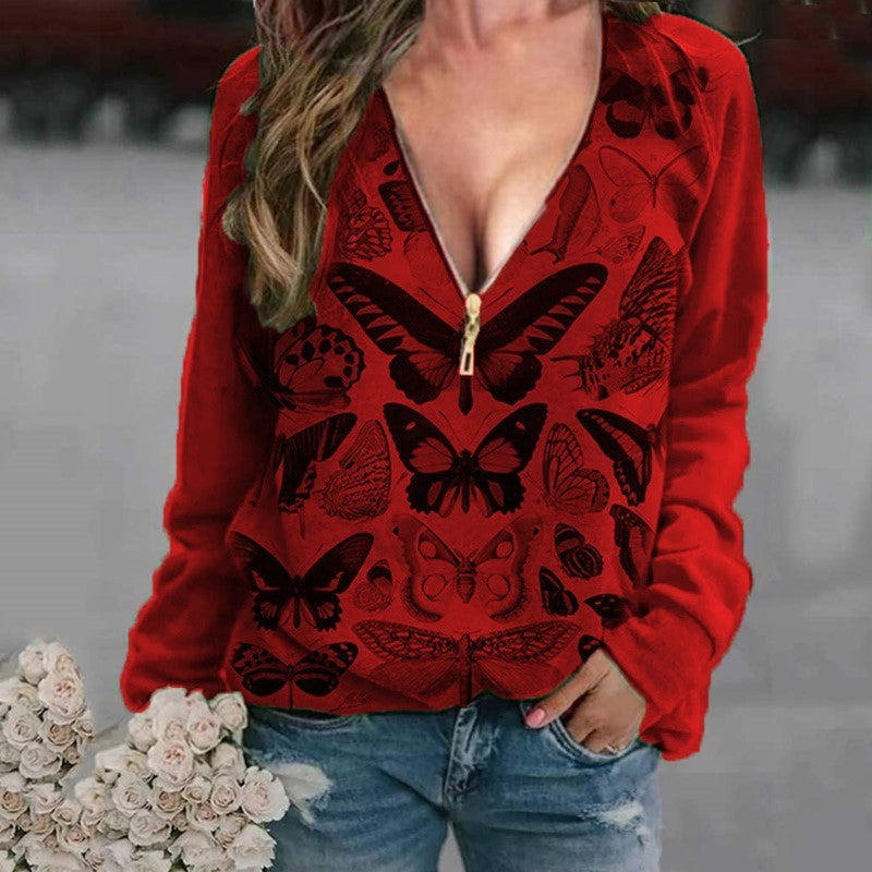 Women's Spring V-neck Butterfly Print Zip Long Sleeve T-Shirt