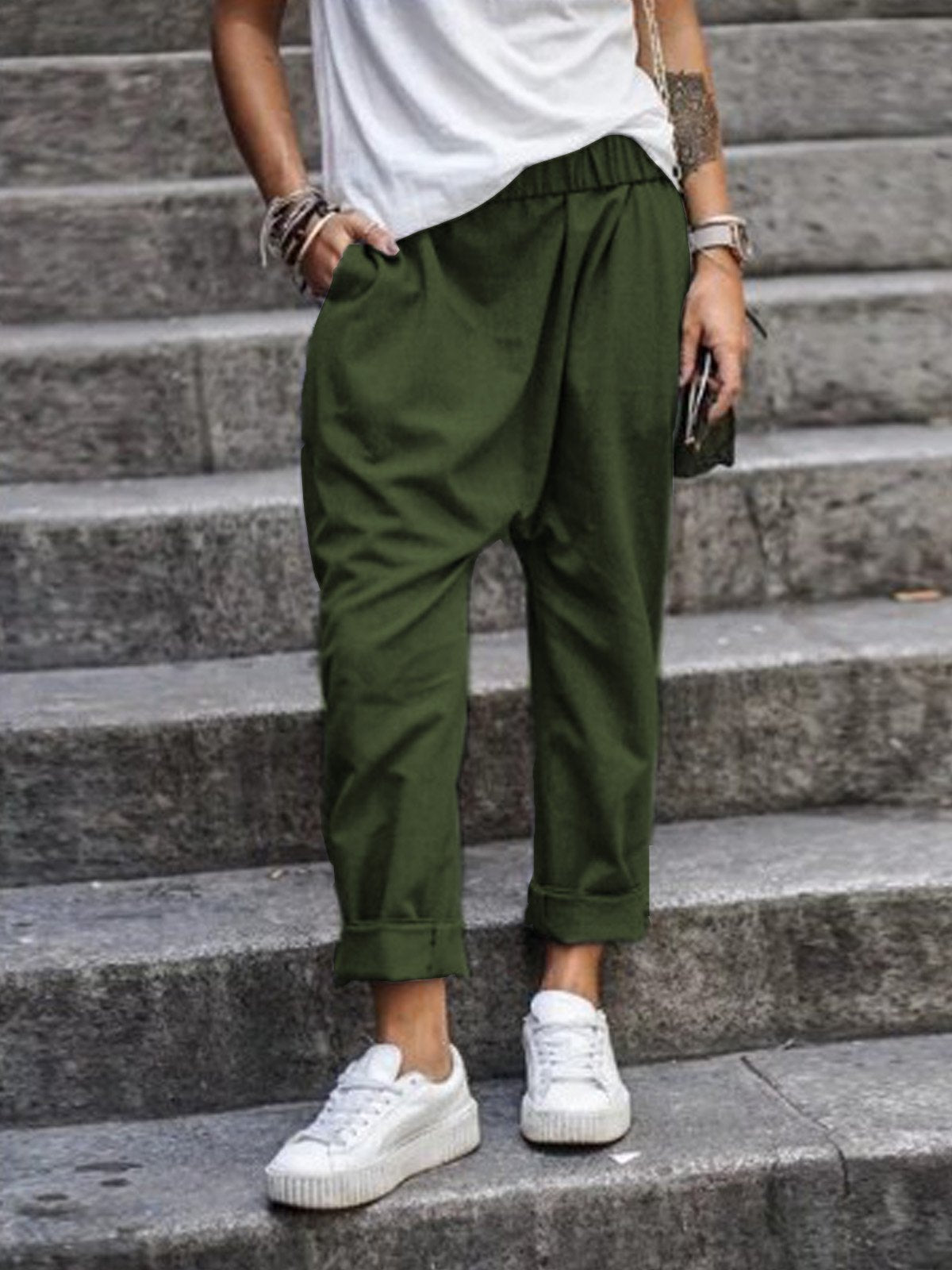 Women's Solid Color Casual Elastic High Waist Harem Trousers