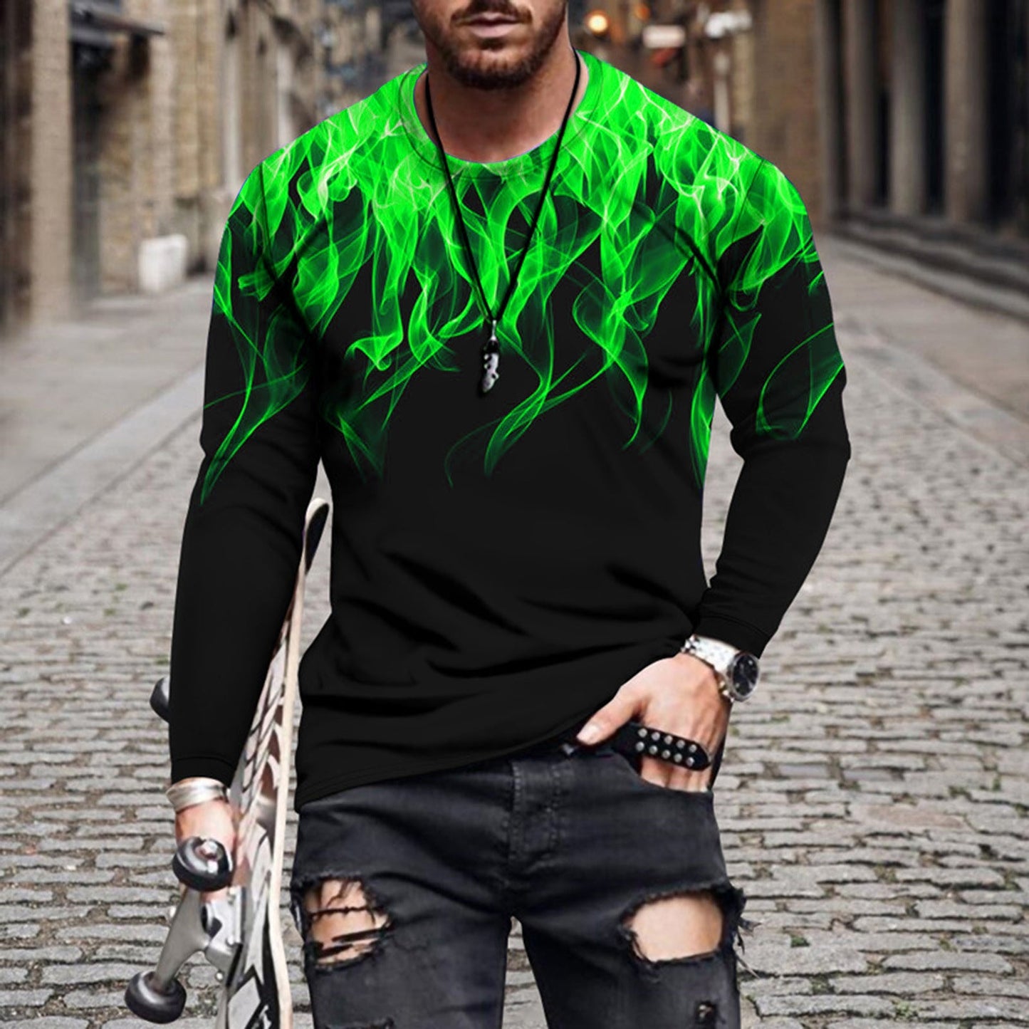 Flame Print Men's Long-sleeved T-shirt