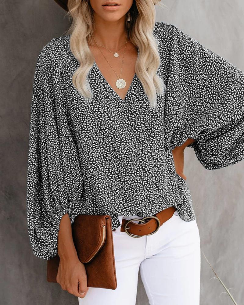 Women's V-neck Shirt Print Lantern Sleeve Top