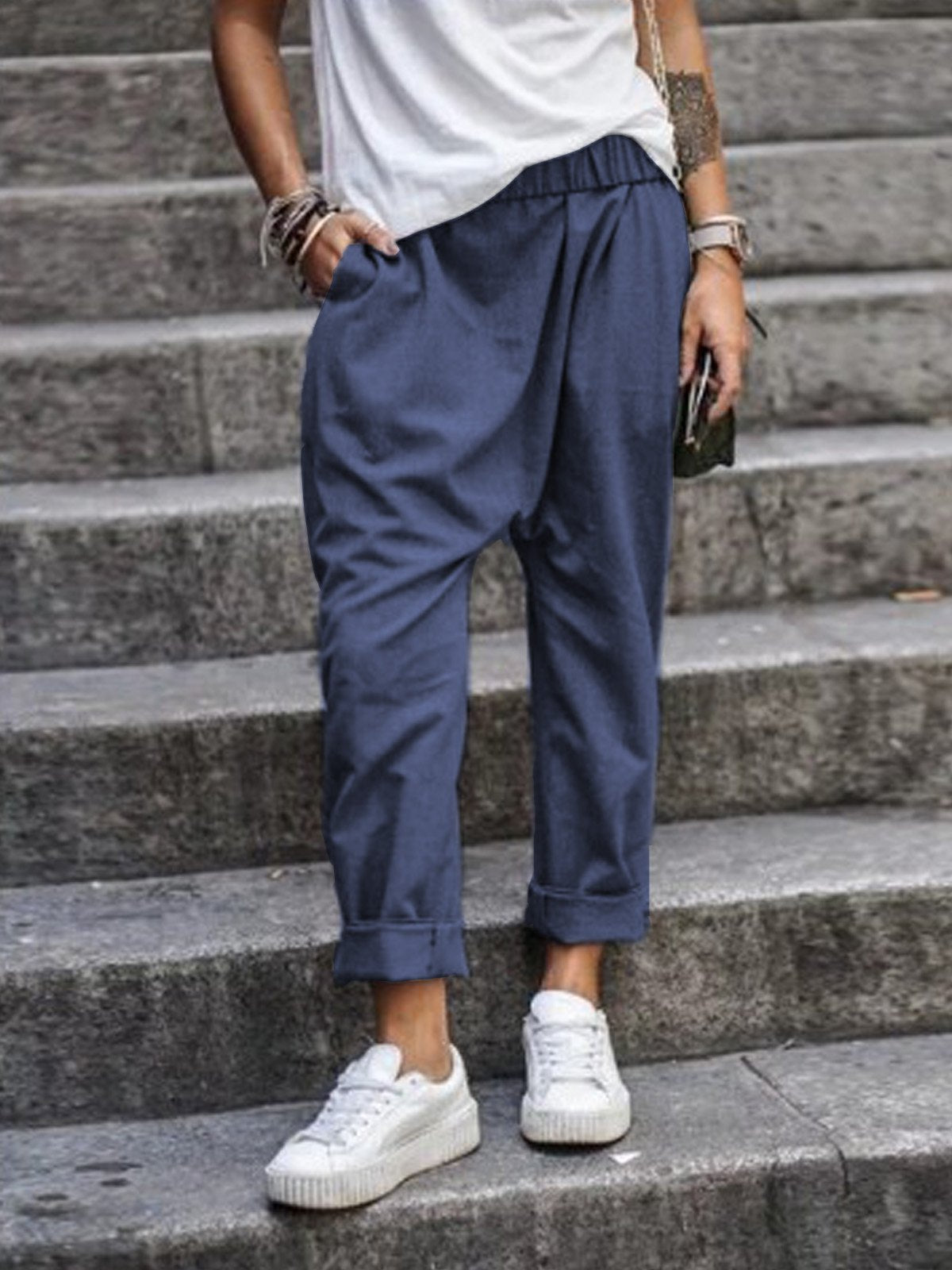 Women's Solid Color Casual Elastic High Waist Harem Trousers