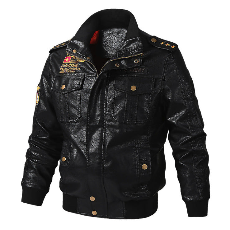 Casual Stand Collar Letter Standard Slim Men's Leather Jacket