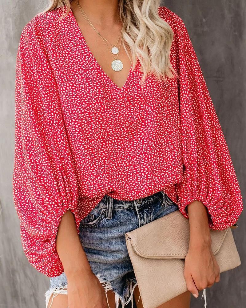 Women's V-neck Shirt Print Lantern Sleeve Top