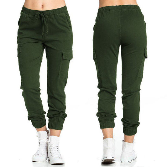 Woman Tooling Casual Elastic Waist String Side Pocket Trousers