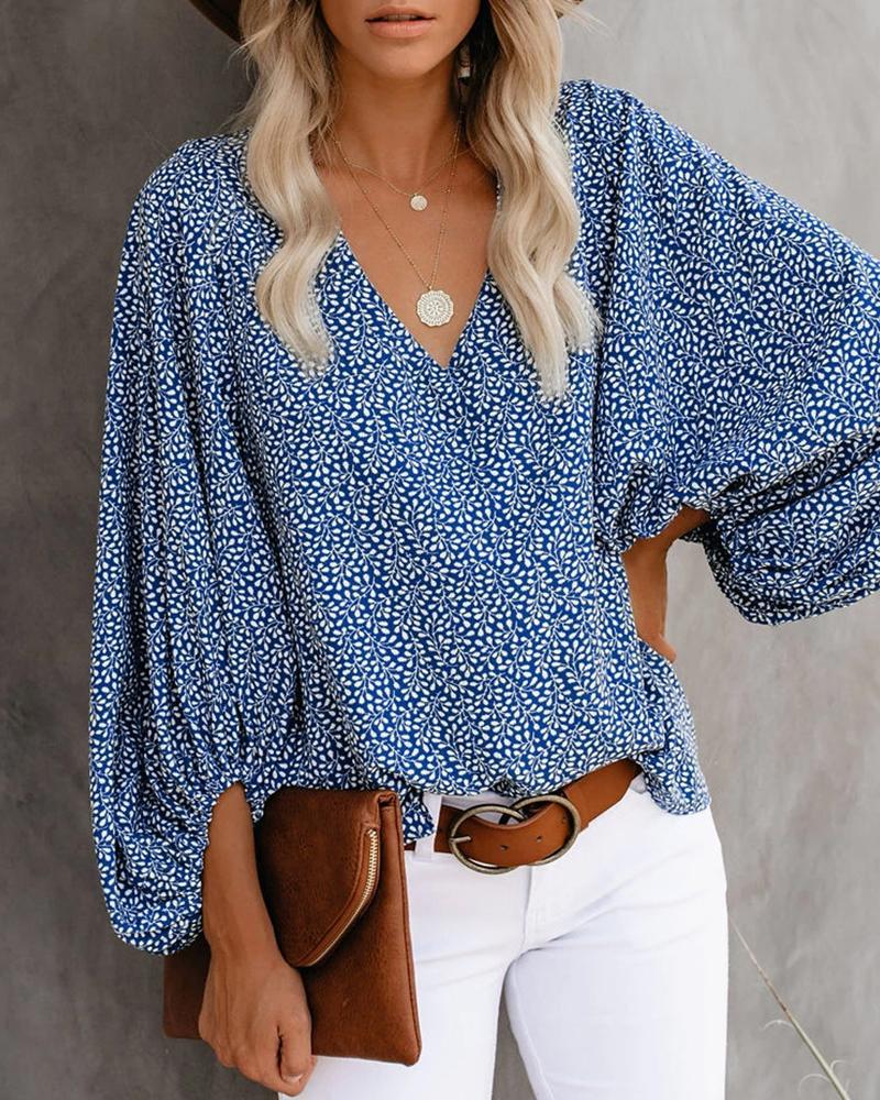 Women's V-neck Shirt Print Lantern Sleeve Top