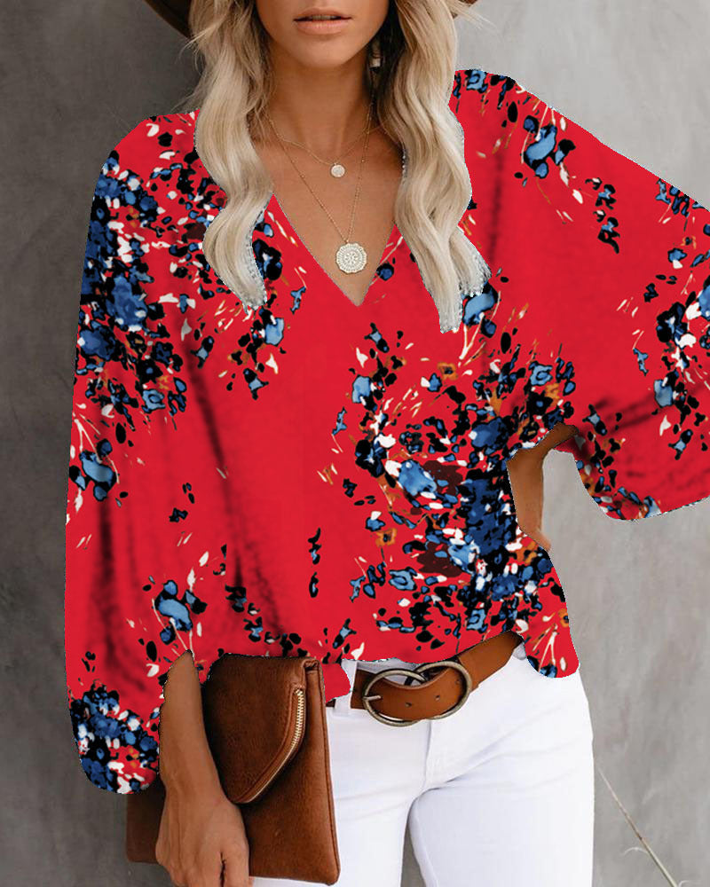 Women's V-neck Shirt Print Lantern Sleeve Top