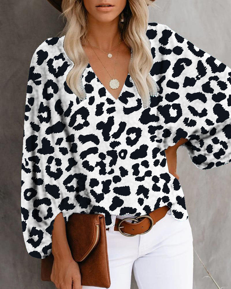 Women's V-neck Shirt Print Lantern Sleeve Top