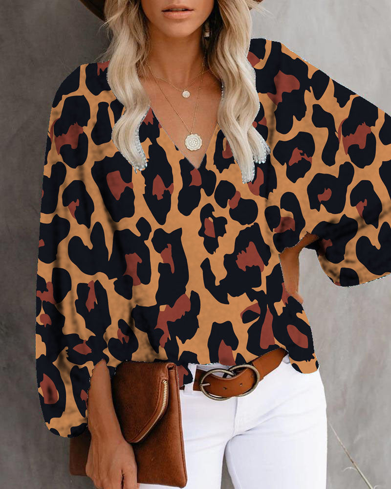 Women's V-neck Shirt Print Lantern Sleeve Top