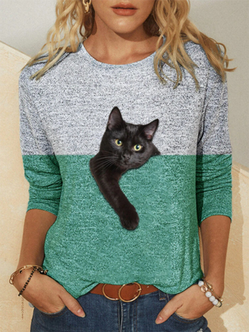 Cat Print Long Sleeve Shirt Women's Sweatshirt Sweater