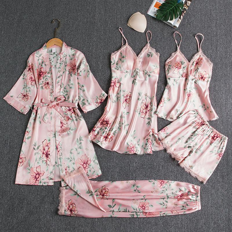 Women's Blushy Silk 5 Piece Pajama Set