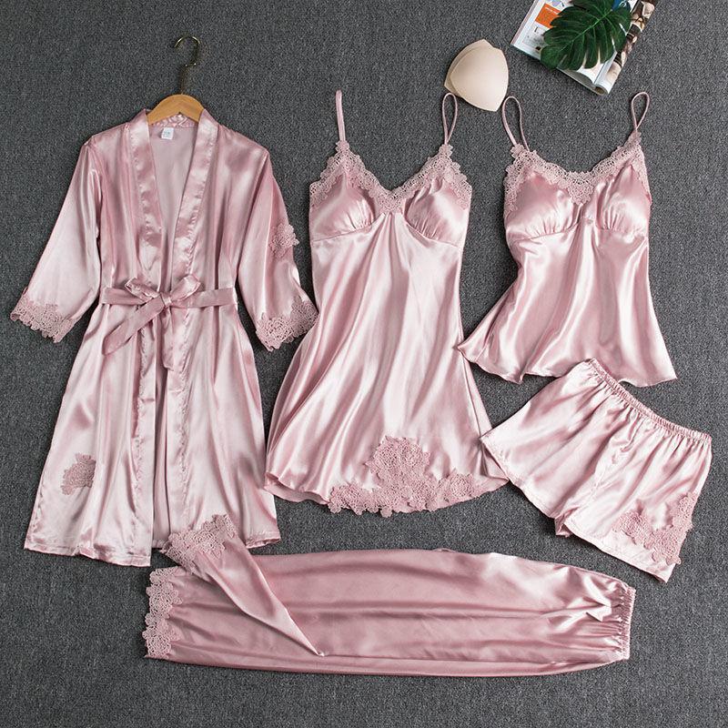 Women's Blushy Silk 5 Piece Pajama Set